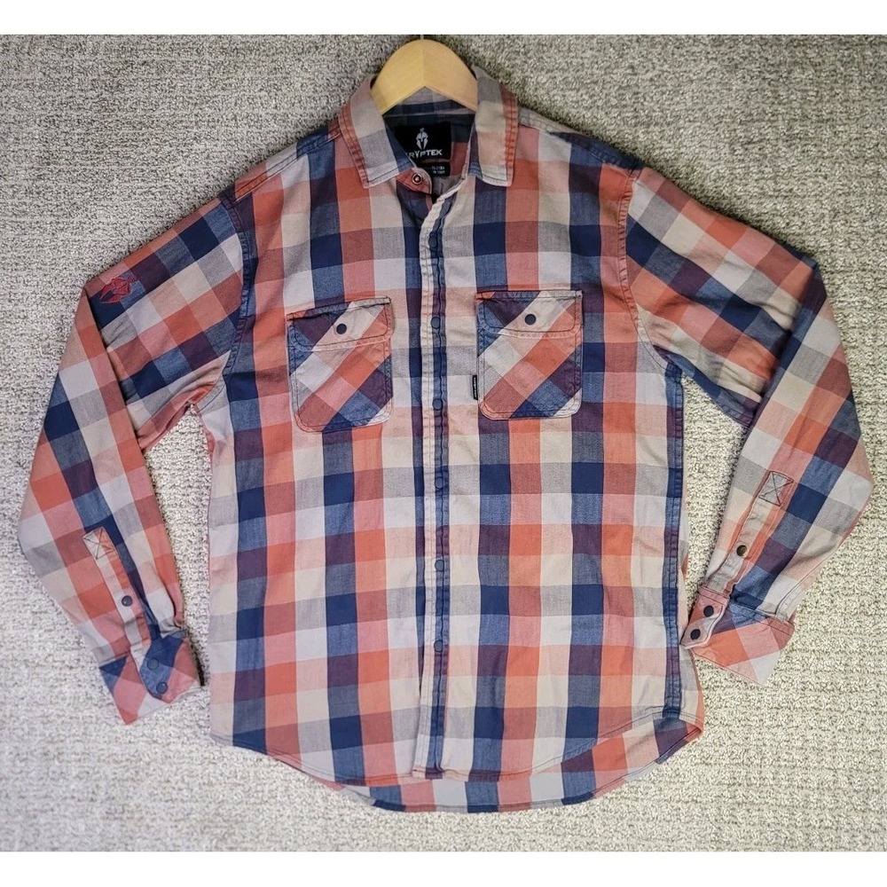 Kryptek Flannel Mens Medium Plaid Snap Button Up Long Sleeve Shirt Blue‎ Orange